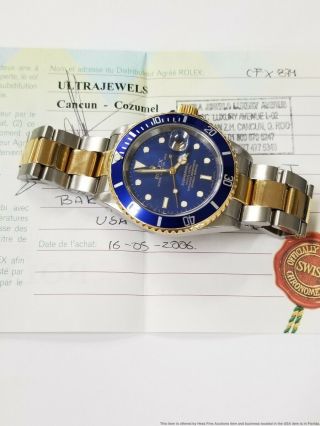 Mens 16613 Rolex Submariner Blue 18k Gold SS Style Bracelet Watch w Papers 3