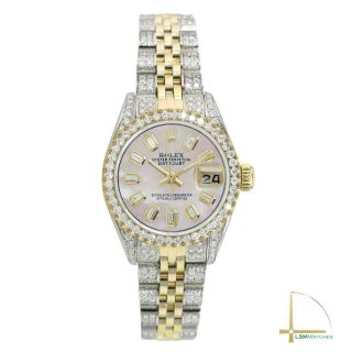 Rolex Datejust Lady Watch 26mm Two - Tone Pink MOP Baguette Fully Loaded Diamonds 2
