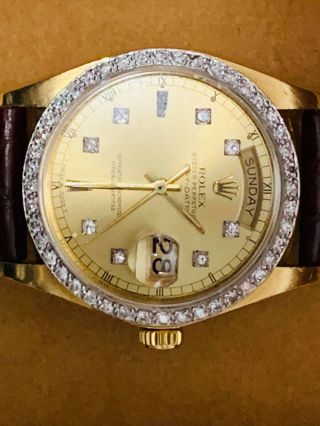 Rolex Vintage Day Date President 18k Yellow Gold Watch With Diamond Besel