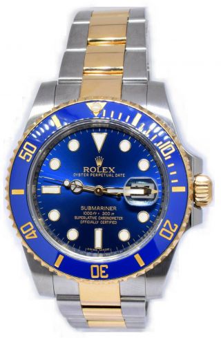 Rolex Submariner Date 18k Gold & Steel Ceramic Blue Watch 2016 Box/papers 116613