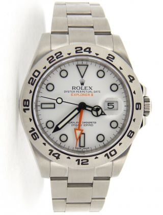 Mens Rolex SS Stainless Steel Explorer II Watch 42mm Orange Hand White 216570 2