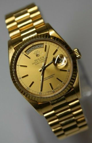 1988 Rolex President Day - Date 18038 18k Yellow Gold Stick Dial 36mm