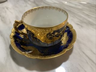 Vintage Haviland Limoges France Floral Porcelain Tea Cup & Saucer Gold Blue