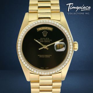 Rolex Day - Date Mens Watch 18k Yellow Gold Black Onyx Dial Diamond Bezel 36mm