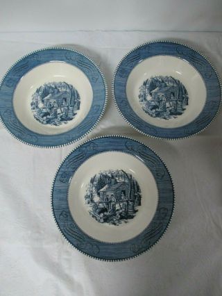 3 Currier & Ives 9” Blue Vegetable Serving Bowls “maple Sugaring” By Royal