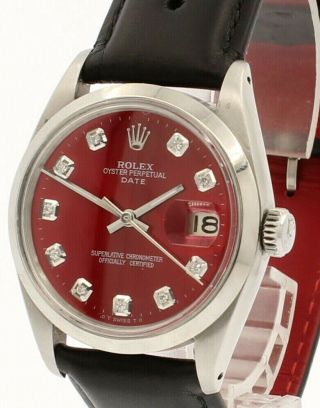 Mens Vintage Rolex Oyster Perpetual Date 34mm Shiny Red Dial Diamond Steel Watch