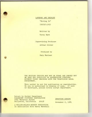 Laverne And Shirley - Moving In (1981) Shooting Script 11/02/81 Season 7,  Ep.  8