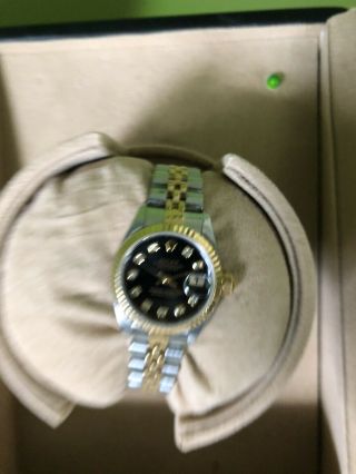 Rolex Lady Datejust 18kt Gold And Steel Black Diamond Dial W/ Watch Winder