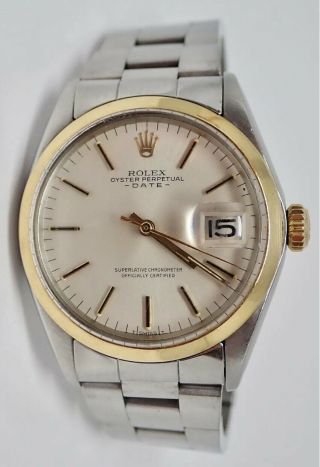Rolex 1969 Oyster Perpetual Date 14k Bezel Stainless Silver Dial Mens Watch 1501