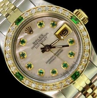 Rolex Ladies Datejust Oyster Gold Stainless Steel Diamond Dial Bezel Emeralds