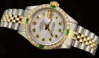 Rolex Ladies Datejust Oyster Gold Stainless Steel Diamond Dial Bezel Emeralds 2