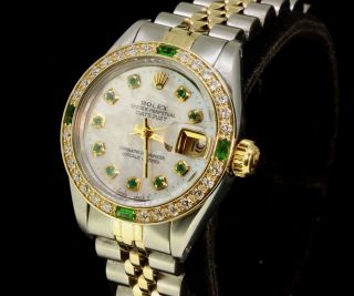 Rolex Ladies Datejust Oyster Gold Stainless Steel Diamond Dial Bezel Emeralds 3