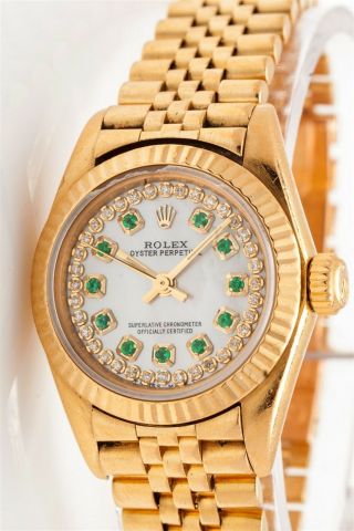 $20k 18k Yellow Gold Oyster Rolex Ladies Emerald Diamond President Watch Box Pp