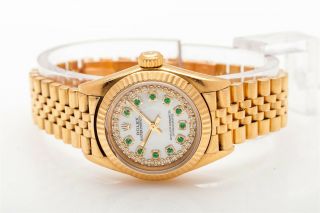 $20K 18k Yellow Gold OYSTER Rolex Ladies Emerald Diamond President Watch BOX PP 3