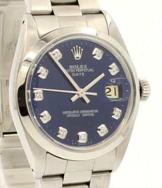 Mens Vintage Rolex Oyster Perpetual Date 34mm Blue Dial Diamond Steel Watch