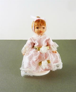 Estate Dollhouse Miniature 3 " Little Cindy Doll In Pink Lace With Stand
