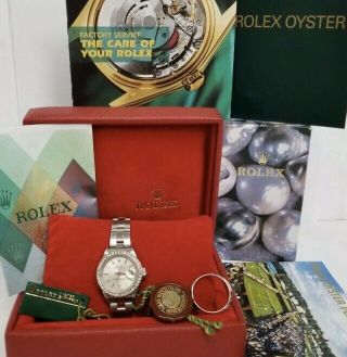 Ladies Rolex Oyster Perpetual Steel Diamond Bezel Watch W Box Tags Papers 79160