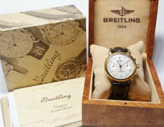 Scarce 18k Gold Breitling Montbrillant C11 Mens Chronograph Watch Box Papers