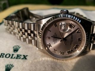Rolex Datejust Mens Stainless Steel 18k White Gold Watch Silver Roman Dial