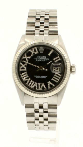 Mens Rolex Oyster Perpetual Datejust 36mm Black Roman Dial Diamond Stainless