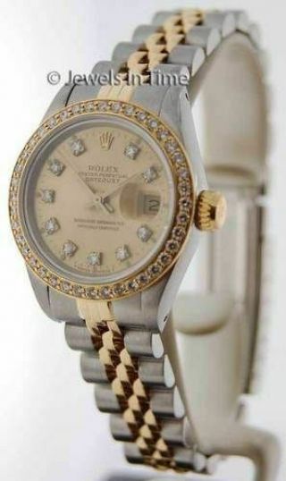 Rolex Datejust Steel & 18k Yellow Gold Diamond Dial/bezel Ladies Watch 69173