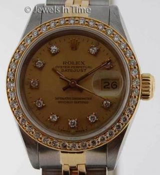 Rolex Datejust Steel & 18k Yellow Gold Diamond Dial/Bezel Ladies Watch 69173 2