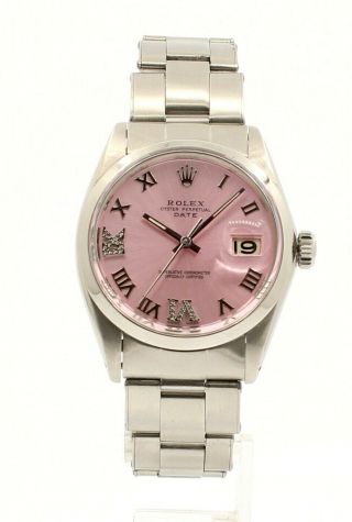 Mens Vintage Rolex Oyster Perpetual Date 34mm Pink Roman Dial Stainless Watch