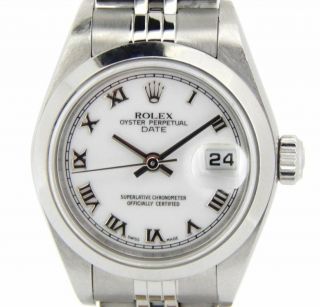 Rolex Date Ladies Stainless Steel Watch Jubilee Bracelet White Roman Dial 79160