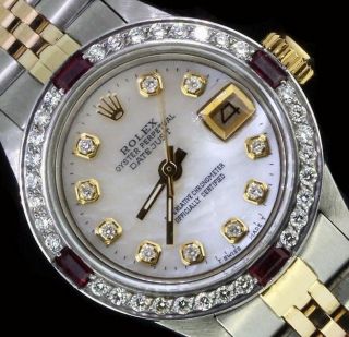 Rolex Ladies Datejust Oyster Stainless Gold Diamond Ruby Dial Bezel Watch