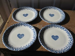 Four Tienshan Folk Craft Hearts Blue Sponge Dinner Plate