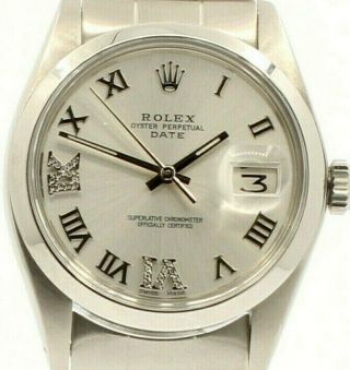 Mens Rolex Oyster Perpetual Date 34mm Silver Roman Dial Diamond Stainless Watch