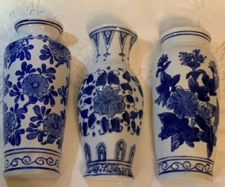 Three Blue & White Porcelain Floral Wall Pockets / Planter Vases