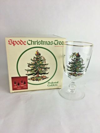 Set Of 4 Spode Christmas Tree Pedestal Goblets Glasses 16 Oz Gold Rim