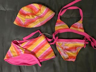 Build A Bear Workshop Pink Orange Bikini Swimsuit Hat Cover Up Clothes Girl