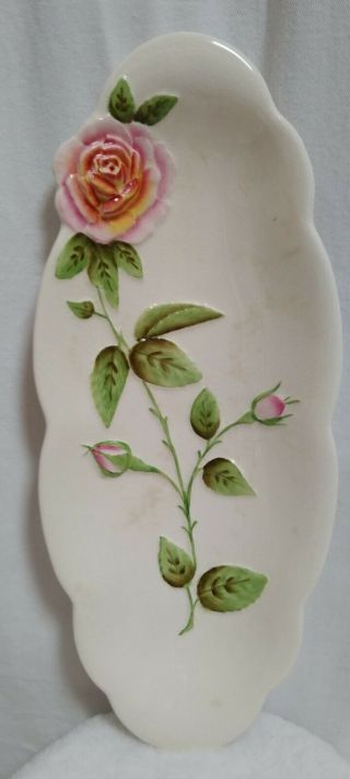 Royal Winton Grimwades Raised Rose Dish Or Trinket Tray England Footed 13” X 5”