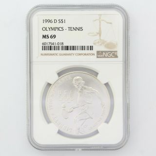1996 - D $1 Olympic Tennis Silver Coin Ngc Ms69 Atlanta Centennial Olympics