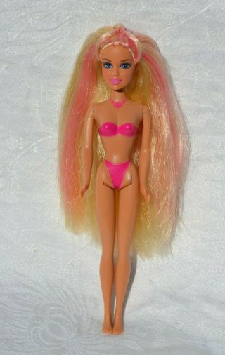 Mini Barbie Doll With Painted On Swimsuit,  Pink Streaks In Hair 6 Inches 1999