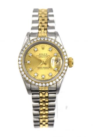 Ladies Rolex Datejust 69173 Wristwatch Champagne Dial Diamond Bezel Box Papers
