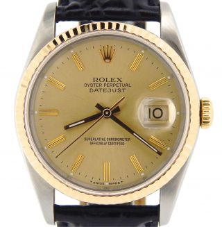 Rolex Datejust Mens 18k Gold Stainless Steel Watch Champagne Dial Black 16233