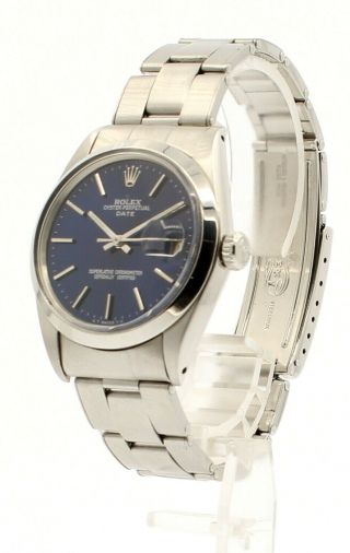 Mens Vintage Rolex Oyster Perpetual Date 34mm Blue Dial Stainless Watch