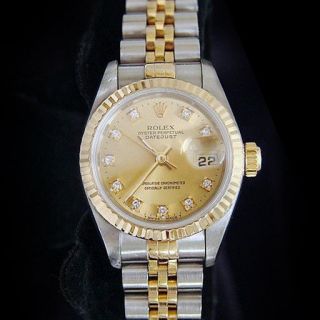 Rolex Datejust Ladies 18k Yellow Gold & Steel Watch Factory Diamond Dial 69173