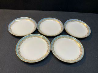 Gda Limoges France Turquoise / Gold Set Of 5 Butter Pat Plates 3 1/4 "