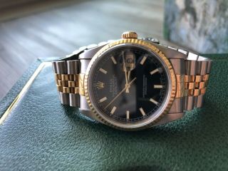 Rolex 18kt Gold & Stainless Datejust Black Dial 16233 Roman Numerals