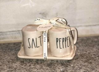 Rae Dunn - - - Salt And Pepper Shakers - White Ceramic Shaker Set With Tray