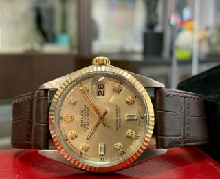 Mens Vintage Rolex Oyster Perpetual Datejust 36mm Gold Dial Diamond Watch