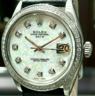 Mens Vintage Rolex Oyster Perpetual Date 34mm White Opal Dial Diamond Stainless