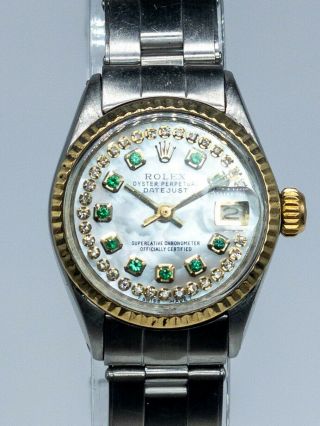 Estate $7000 Rolex Datejust 18k Yellow Gold Ss Emerald Diamond Ladies Watch Wty
