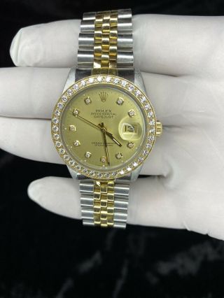 Mens 36mm Rolex Datejust Diamond Watch 18k Two Tone Jubilee Champagne Dial 1.  6ct