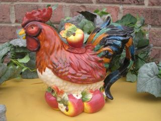 Bombay Figural Rooster Teapot W/ Lid Apples Harvest Multi Color Chicken Kitchen
