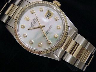 Rolex Datejust Mens 2tone Gold & Steel Watch White Mother Pearl Diamond 16013